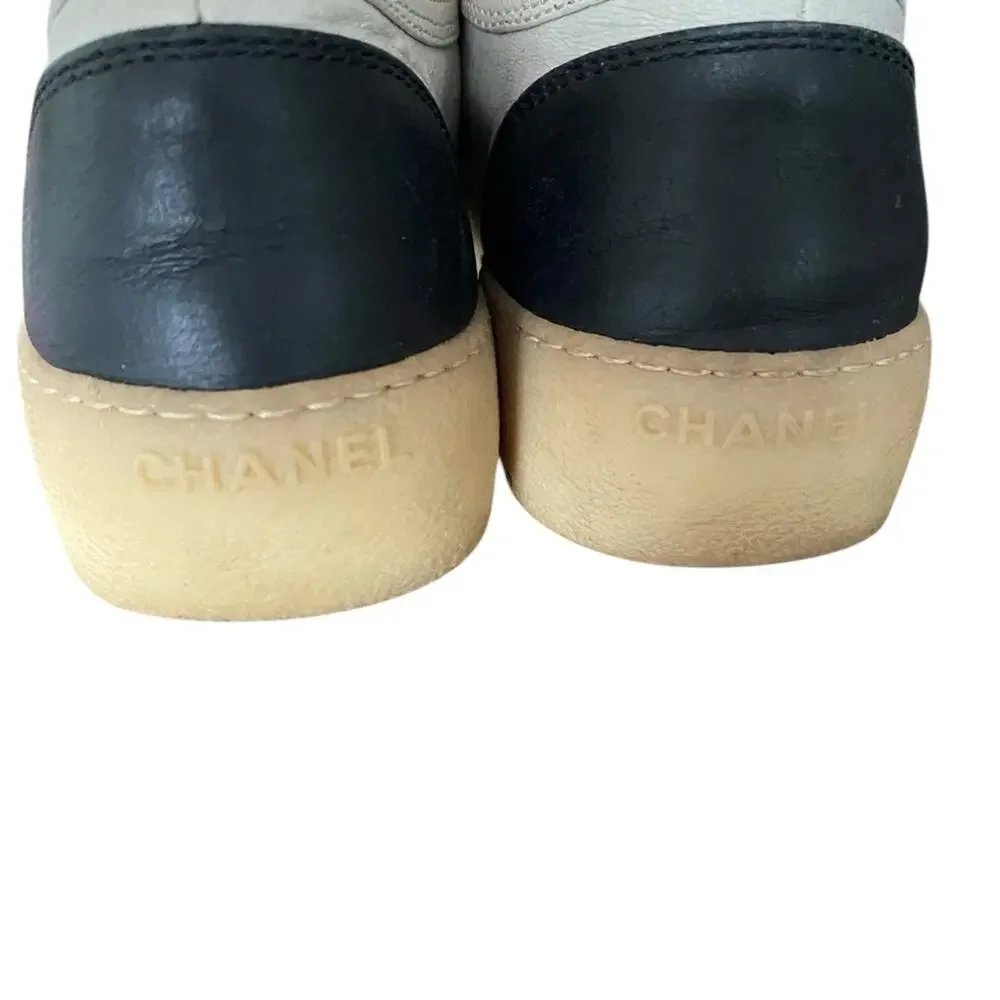 Chanel Calfskin Lace Up Cap Toe Sneakers size 38 US 8 Gray Grey Black - Picture 8 of 12